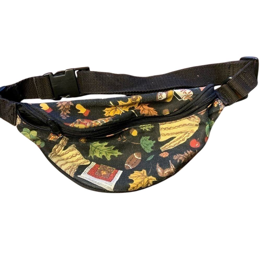 Vintage Nicole Miller 90s Fall Graphic Fanny pack Waist Bag Football Leaves Rare